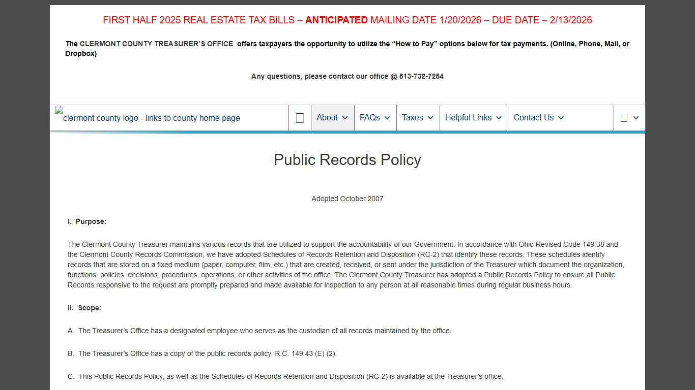 Public Records Policy | The Treasurer's Office of Clermont County, Ohio